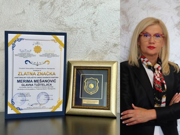 Glavna tužiteljica USK Merima Mešanović nagrađena Zlatnom značkom za izvanredan doprinos unapređenju sigurnosti i zaštiti građana FBiH